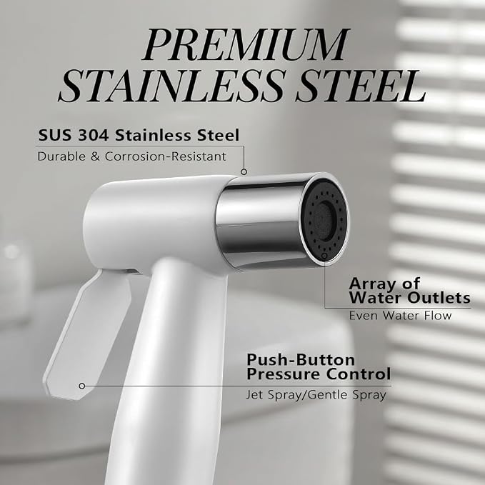 BARROCK Handheld Bidet Sprayer for Toilet, Stainless Steel Metal Made Baby Cloth Diaper Spraying Kit, Bathroom Toilet Bidet Attachment Set for Bathing Pets and Feminine Hygiene, Chrome and White