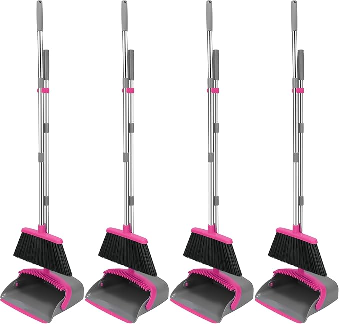 NACENA Broom and Dustpan Set, 52-in Long Adjustable Handle Broom Dustpan Combo with Dustpan Teeth to Automatically Clean Hair Suitable for Home Kitchen Office Hall Floor (Grey&Rose), 4 Pack