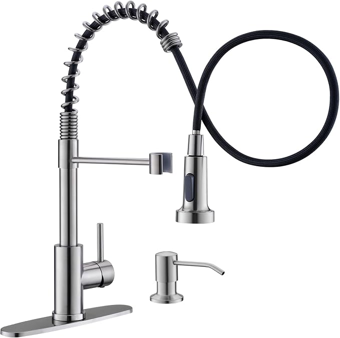 GIMILI Kitchen Faucet with Soap Dispenser, Commercial Single Handle Spring Brushed Nickel Pull Out Kitchen Sink Faucets with Pull Down Sprayer