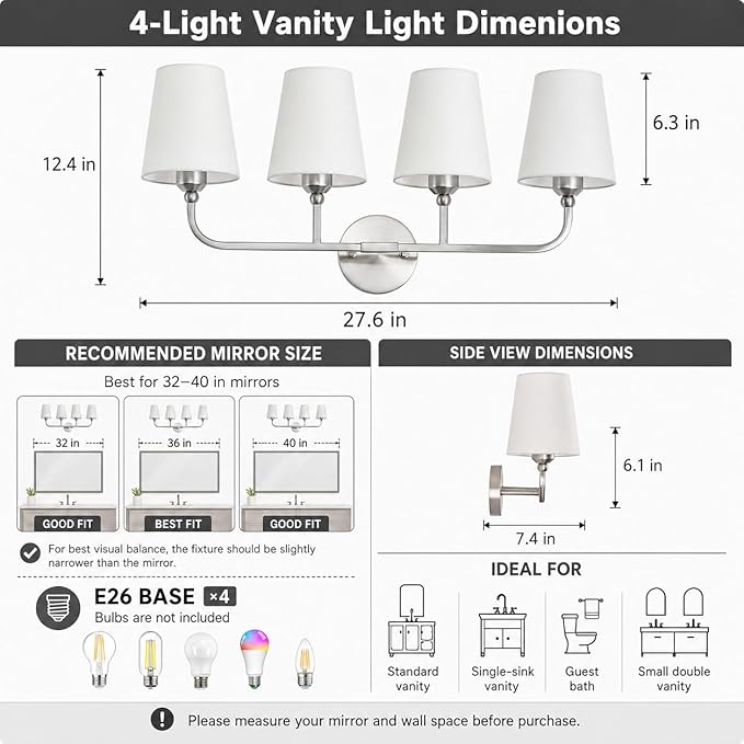 Bathroom Vanity Light, Brushed Nickel Bathroom Light Fixtures, 4-Light Lighting Fixtures Over Mirror, Modern Wall Sconce with Flared White Fabric Shade, E26 Socket(ETL Listed)