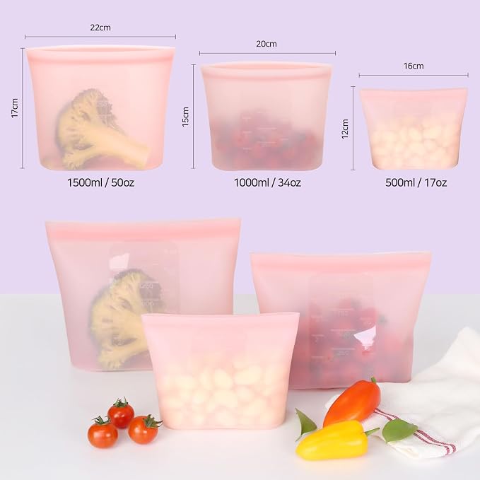 Reusable Silicone Food Storage Bags (Set of 3) – Leakproof Zip Seal, BPA-Free, Freezer & Microwave Safe – for Meal Prep, Snacks, Fruits, and More (Pink Set)