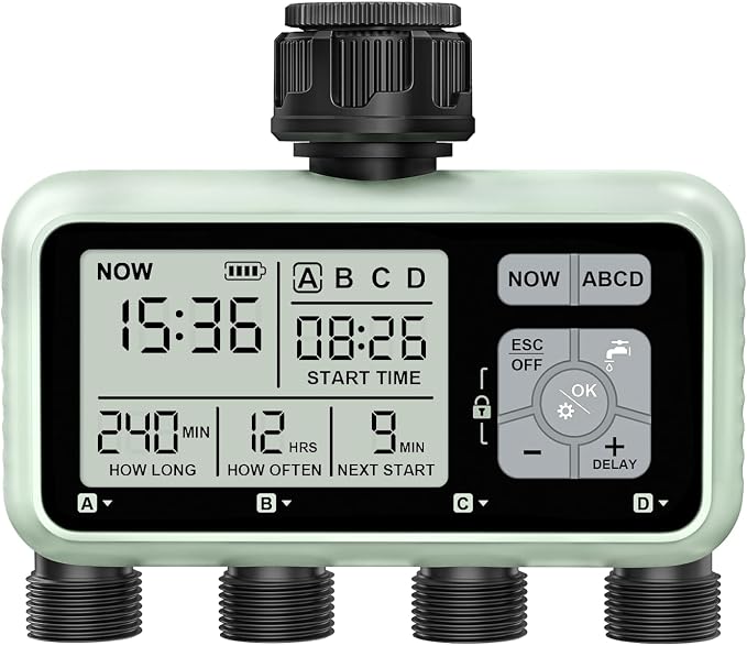 Watering Timer 4 Zone, Sprinkler Timer,Programmable Garden Outdoor Hose Faucet Timer with Rain Delay/Manual/Automatic Watering System,Water Hose Irrigation Timers 4 Outlet for Garden Lawn