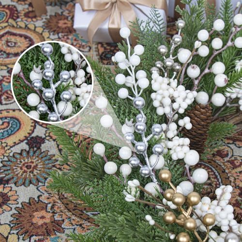 LLZLL 32 Pack Christmas Picks Artificial Christmas Tree Berries 6.5 Inch Holly Berry Stems for Winter Xmas Holiday DIY Ornaments（Silvery）