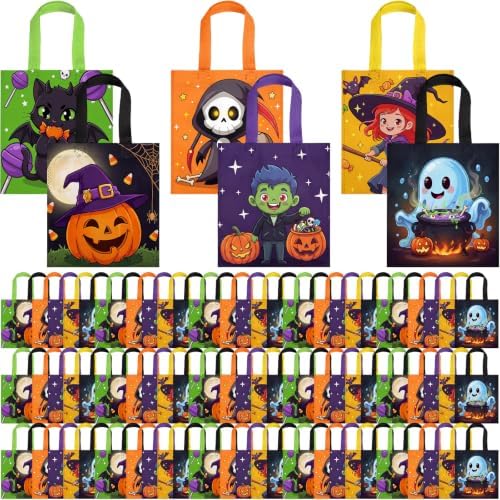 Sweetude 120 Pcs Halloween Tote Bags Bulk Trick Treat Bag with Handles Reusable Non Woven Halloween Treats Party Gift Favors Bags for Kids