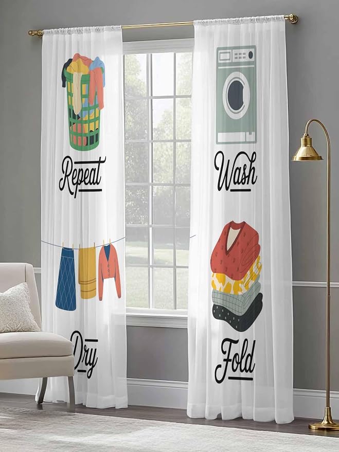 Laundry Room Sheer Curtains 84 Inch Length 2 Panels for Living Room, Wash Repeat Dry Fold Simple Drawn Voile Kitchen Curtain Set, Luxury Privacy Drapes Window Treatment for Bedroom