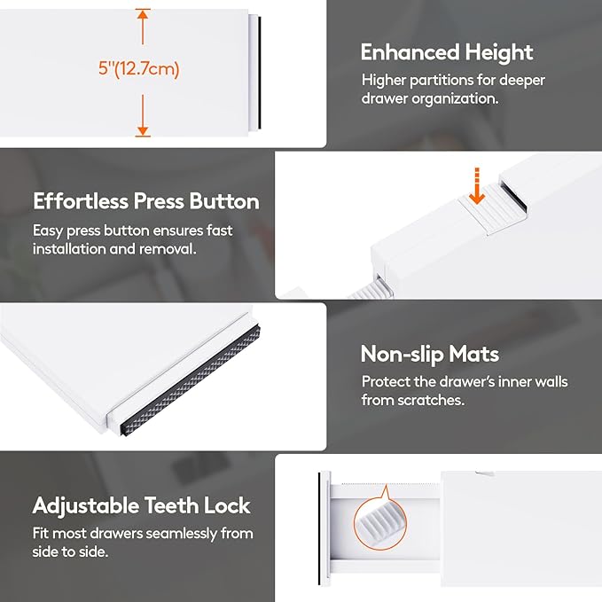 Lifewit 4 Pack 5" High Drawer Dividers 34-56cm/13.5-22" Adjustable Drawer Organizer for Clothes/Utensils, Expandable Drawer Separator in Dresser/Kitchen/Bedroom/Office Organization & Storage White