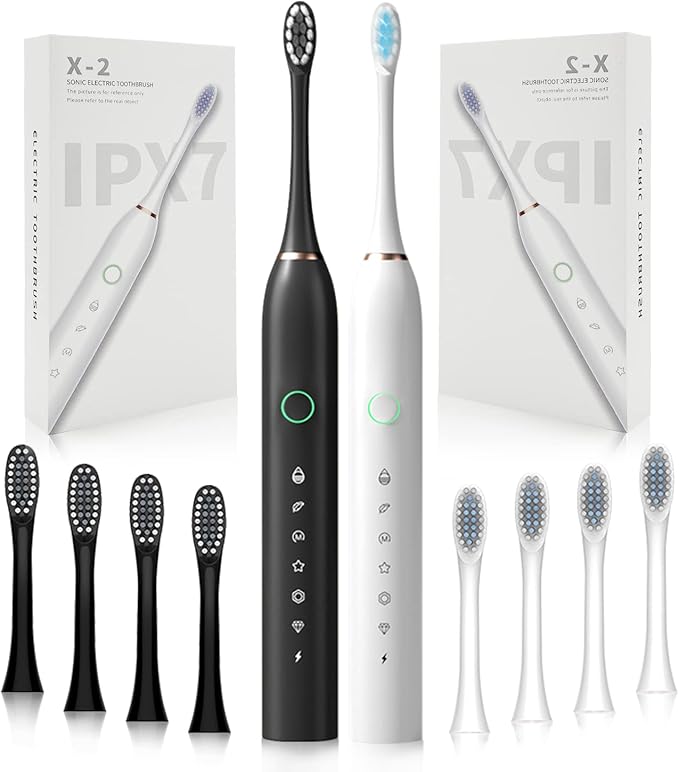 2 Pack Rechargeable Electric Toothbrushes for Adults and Kids, Whitening Tooth Brush with 8 Brush Heads, 6 Cleaning Modes and Smart Timer, Waterproof Cleaning Toothbrushes Set