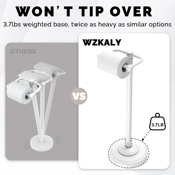 Toilet Paper Holder Stand, White Toilet Paper Holder Free Standing, Post Pivoting Design & Stable Weighted Base SUS304 Stainless Steel for Bathroom (Mega Roll)