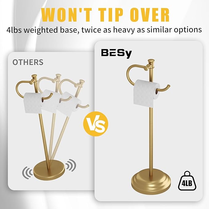 BESy Toilet Paper Holder Free Standing Bathroom Toilet Tissue Holder Stand for Floor Toilet Paper Roll Holder with Storage Hardware Accessories Rack Hand Towel Bar Brushed Gold Stainless Steel