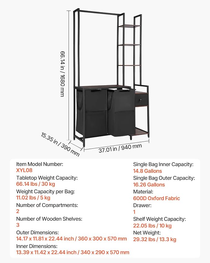 VEVOR 3 Tiers Laundry Sorter with Rack, Tall Laundry Hamper with Shelves and Drawers, 2 Section Freestanding Hanging Rack Storage with 600D Oxford Cloth Bags and Ladder Shelves for Dirty Clothes