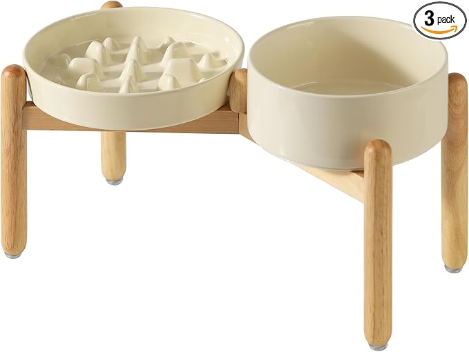 Havniva Elevated Slow Feeder Dog Bowls, Ceramic Dog Bowl Slow Feeder Set | 1.6 Cups Raised Slow Feeder Dog Bowl for Medium Breed, 7.3” Dog Water Bowl with Wooden Stand, Puzzle Dog Food Bowl, Non-slip