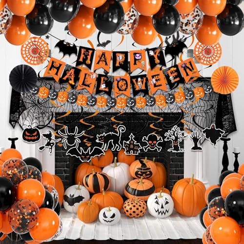 Fecedy Black Orange Happy Halloween Trick or Treat Banner Paper Fan Balloons & Swirl Streamers Goul Bat Cat Bird Ghost Pumpkin Lantern for Halloween Decorations