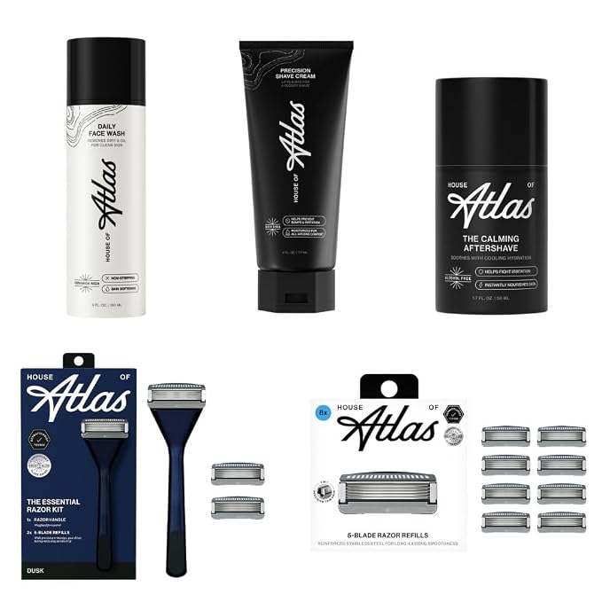 Bundle: Daily Face Wash (5 oz), Precision Shave Cream (6 oz), Aftershave (1.7 oz), Essential Razor for Men Handle in Dusk + total of 10 Blade Cartridges