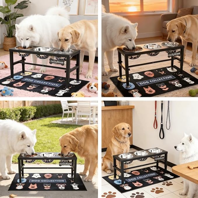 3-in-1 Elevated Dog Feeder with 3 Stainless Steel Bowls, Heavy Iron Stand, Custom Name Plate, Non-Slip Mat - Easy Clean for Multiple Dogs