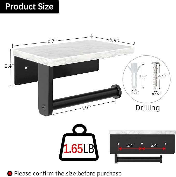 Gypie Marble Toilet Paper Holder with Shelf, 304 Stainless Steel Screw Wall Mounted, Tissue Roll Holder for Bathroom Washroom Matte Black