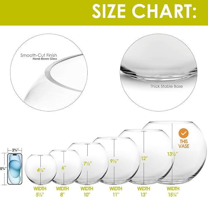 CYS EXCEL Large Glass Bubble Bowl (H-13.5" W-15.5", Approx. 7.4 Gal.) Round Bowl Terrarium Globe Flower Vase Centerpiece for Weddings Events Arrangements