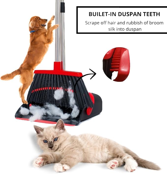 Long Handle Broom and Dustpan Set, Self-Cleaning with Dustpan Teeth for Home, Kitchen, Office, and Pets – Stand-Up Design for Indoor & Outdoor Sweeping (Red)