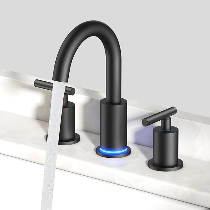 FORIOUS LED Bathroom Faucet Black 3 Hole with Temperature Changing 3 Color Lights, 8" Widespread Matte Black LED Bathroom Sink Faucet 3 Hole with Pop Up Drain, Supply Lines, 360° Swivel Spout