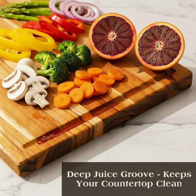 Acacia Wood Cutting Board Set of 3 with Stand, Thick Butcher Block Boards w/Deep Juice Grooves for Meat Prep & Serving, Premium Solid Hardwood, Non-Toxic, BPA-Free by New M Way