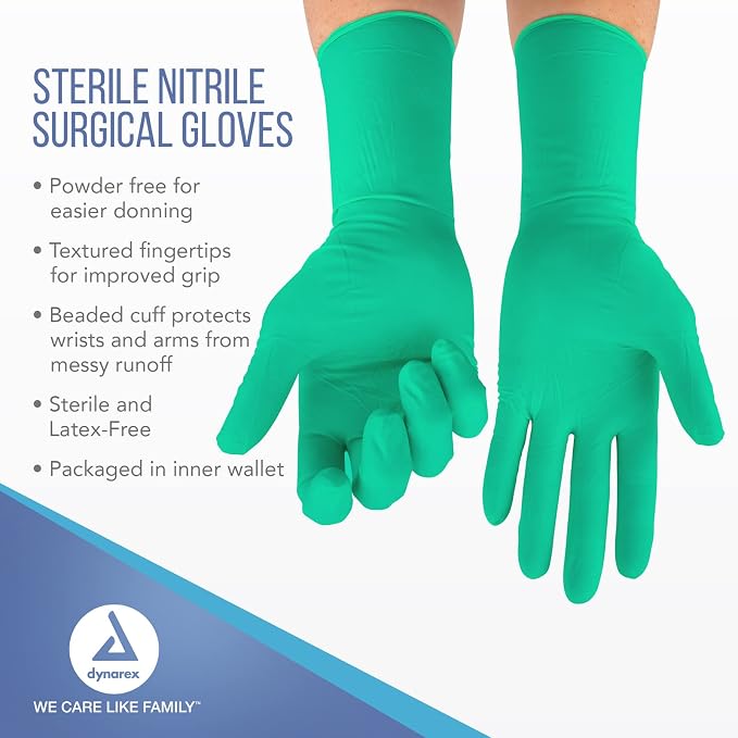 Dynarex Sterile Nitrile Surgical Gloves, Powder Free, Size 6.5, 50 Pairs of Gloves, White, 6.5