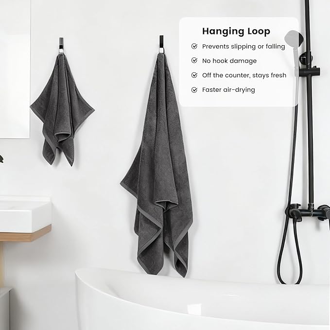 SEMAXE Bath Towel Set, 8 Piece Towel Set for Bathroom, Quick Dry Cotton Towels with Hanging Loops, Easy Care, Grey