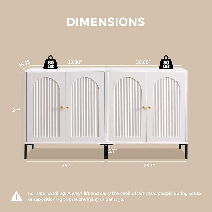 IFGET 61.75" W Modern Arched Sideboard Buffet Cabinet with Storage, White | Fluted Arch Sideboard Cabinet w/Adjustable Shelves, Wooden Modular Kitchen Cabinet for Dining& Living Room, Entryway