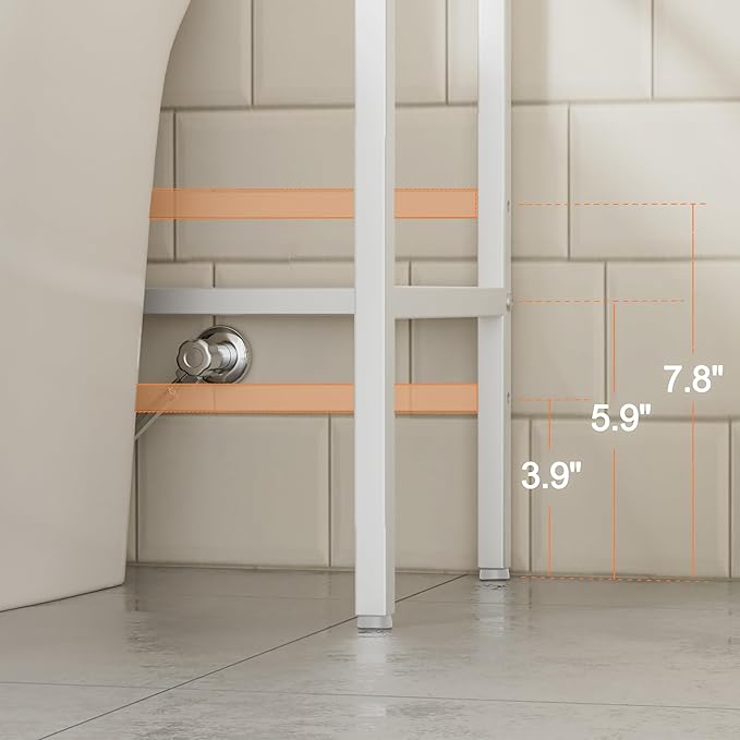 4-Tier Over The Toilet Storage, Bathroom Organizer, Space-Saving, 72" H Above Toilet Storage Rack with 4 Hooks and Paper Holder, Metal Shelf, White