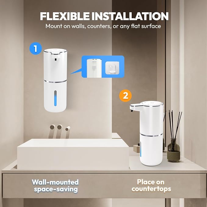 2 Pack Automatic Soap Dispenser Touchless,Liquid Hand Soap Dispenser 12.8oz Electric Wall Mounted Smart for Bathroom and Kitchen Dish Soap，Easy for Toddlers(White)