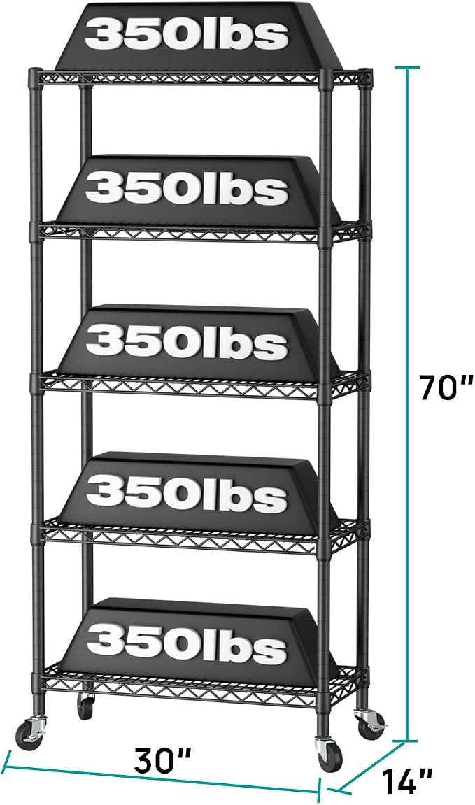 SINGAYE 5 Shelves Storage Wire Shelf Closet Metal Shelving Pantry Wheels | Shelf Bathroom Organizers Metal Kitchen Garage Shelving Unit Laundry Room Organization Home Rack Net Basket with Wheels