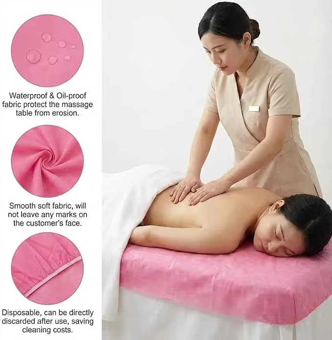 50PCS Disposable Fitted Massage Table Sheets with Elastic, Heavy Duty Elastic Disposable Bed Cover, Breathable Pink Sheets for Spa Massage Beauty Tattoos Non Woven Fabric 36 x 85 in