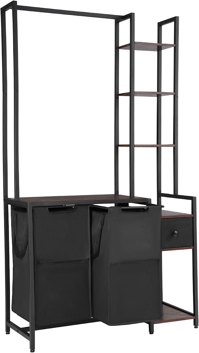 VEVOR 3 Tiers Laundry Sorter with Rack, Tall Laundry Hamper with Shelves and Drawers, 2 Section Freestanding Hanging Rack Storage with 600D Oxford Cloth Bags and Ladder Shelves for Dirty Clothes