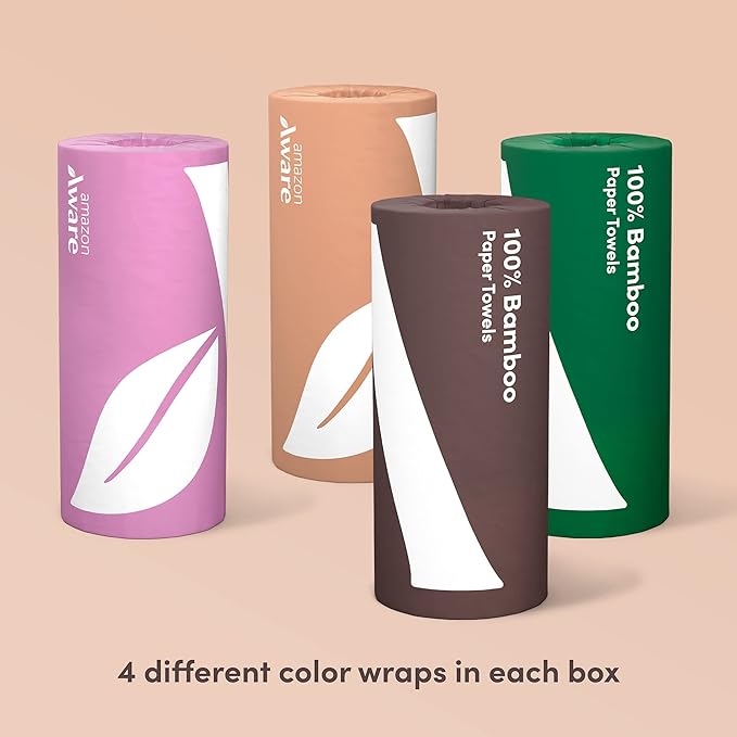 Amazon Aware Bamboo Paper Towels, 12 Rolls, 2 ply, FSC Certified, 150 Sheets, 1800 Count, Pack of 12, Plastic-Free, White