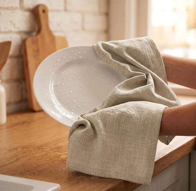 Urban Villa Harvest Kitchen Towels Premium Quality 100% Cotton Solid Kitchen Towels Set of 6 Ultra Soft Size 20X30 Inches Chambray Beige/White Color Kitchen Towel Highly Absorbent Kitchen Towels