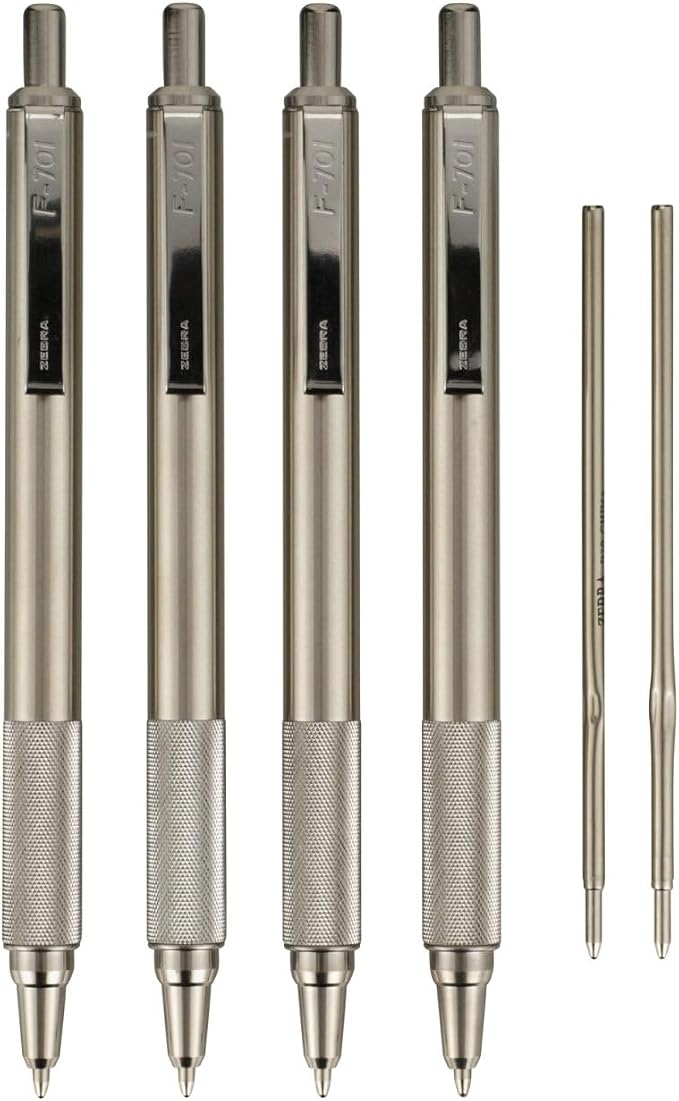 Zebra Pen F-701 Ballpoint Black Ink Fine Point 0.8mm Pen, Heavy Duty, Durable Stainless Steel Barrel, Knurled Grip, Silent Retractable Plunger, Ideal for Tactical Use, 4-Pack Plus 2 Refills (50113)