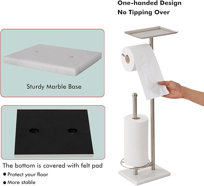 Toilet Paper Holder with Tray at The Top, Sturdy Marble Base No Wobby, Holding Extra 3 Toilet Paper Rolls As Spare Use, Freestanding No Drilling (Brushed Nickel)