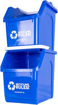 Recycling Rules! 6 Gallon Stackable Recycling Bin Container in Blue, Eco-Friendly BPA-Free Handy Recycler with Handle, 2-Pack
