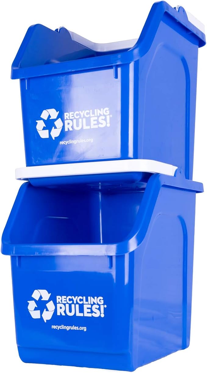 Recycling Rules! 6 Gallon Stackable Recycling Bin Container in Blue, Eco-Friendly BPA-Free Handy Recycler with Handle, 2-Pack