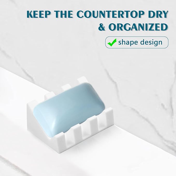 Self Draining Soap Dish Holder,Silicone Soap Dish,for Bathroom,Kitchen, Sponges，Can Extend Soap Life，Keep Soap Bars Dry and Easy Cleaning (White,2-Pack)