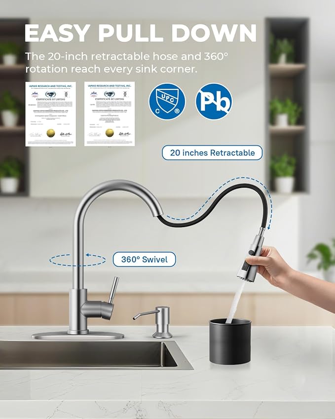 WEWE Touchless Kitchen Sink Faucet with Soap Dispenser, Single Handle Kitchen Faucets with Pull Down Sprayer Smart Motion Sensor Stainless Steel, Brushed Nickel