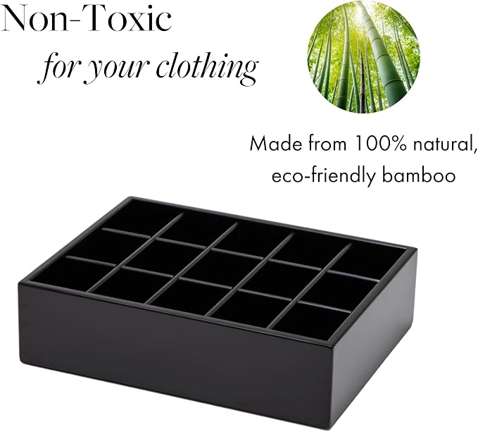 GOBAM Bamboo Closet Drawer Organizer, 15 Compartments - Drawer Divider & Storage Box for Ties, Bras, Briefs, Socks & Jewelry - Storage Organizer for Dressing Room & Bedroom - Black