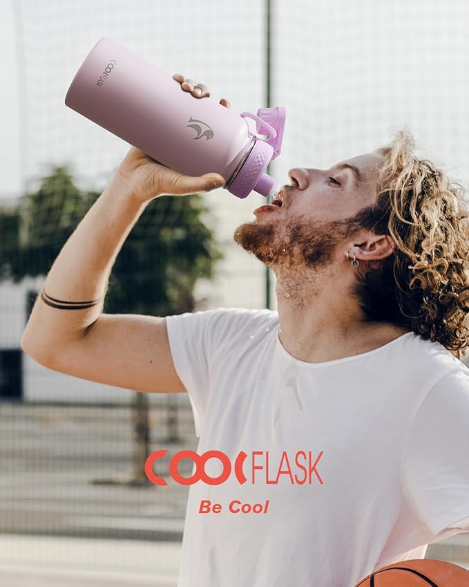 Coolflask Water Bottle 32 oz Insulated with Straw, Stainless Steel Metal 3 Lids Water Flask Wide Mouth for Sports or Office, Non-BPA Keep Cold Up to 48 Hrs or Hot Up to 24 Hrs, Pink