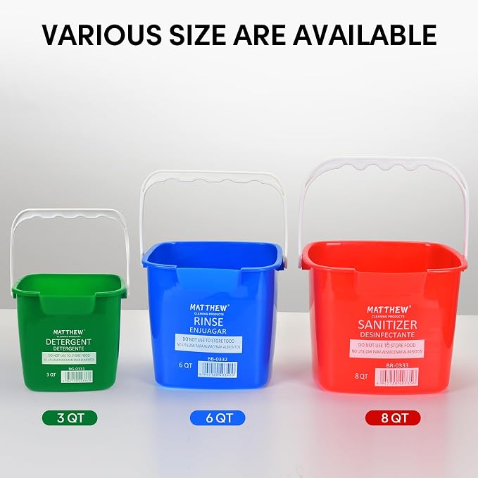 Matthew Detergent And Sanitizing Cleaning Bucket 6 Quart Plastic Pail,Set of 6 Square Containers,Built-In Spout w/Handle,Wash Rinse Sanitize Handwash Bucket for Home Office Commercial Restaurant (Red)
