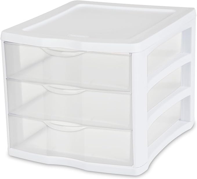 Sterilite 4-Pack 3 Drawer Unit, Stackable Plastic Organizer with Drawers, White Frame - Multi-Purpose Countertop Storage Containers for Office Supplies, Craft Rooms, Classrooms and Home Organization