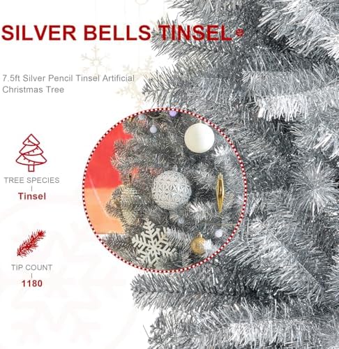 Glitzhome Pencil Tinsel Artificial Christmas Tree, 7.5ft Silver Christmas Tree with 1180 PVC Branch Tips and Foldable Metal Stand for Home Office Party Holiday Decoration