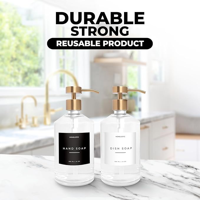 Homelistic Clear Glass Soap Dispenser Set with Champagne Gold Pump – 16oz Refillable Kitchen & Bathroom Soap Dispensers (2 Pack) Rust-Resistant Stainless Steel Pumps, 48 Labels