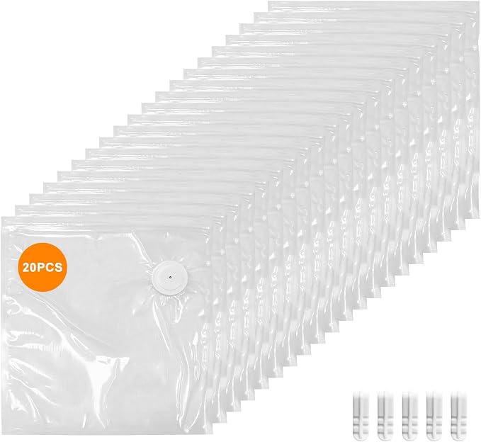 MEGAWISE Vacuum Zipper Bags 20Pcs (12 * 13.5in), BPA Free, Reusable Food Storage Bags with Air Valve for Sous Vide Cooking/Freezer/Microwave Heating, with 5 Seal Clips.