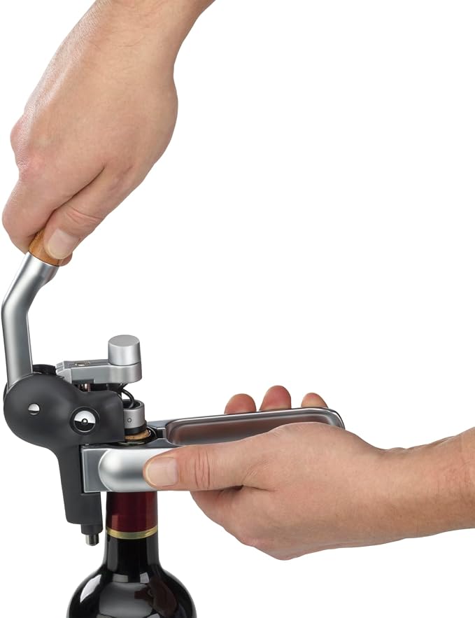 WMF Baric Lever Corkscrew Wine Opener, 19 x 11 x 15 cm, Die-cast Metal and Beech Wood, Effortless Operation, Wine Bottle Opener