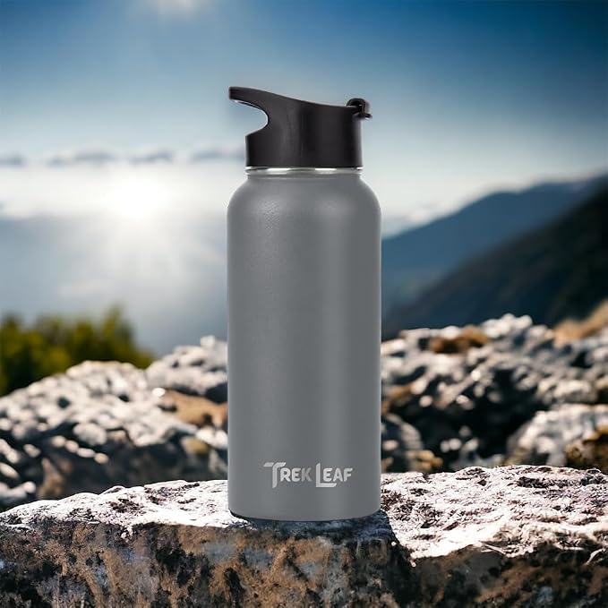 Travel Water Bottle with 3 Lids (Spout, Straw, Flip) Leak Proof, Quality, Vacuum Insulated, Stainless Steel (Gray, 32 oz)