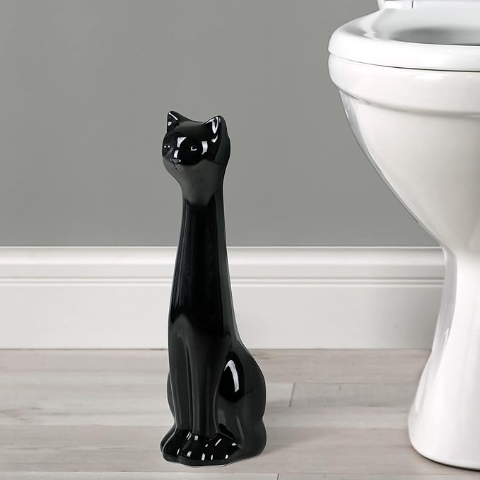 Allure Home Creation Cat 3-Piece Black Ceramic Toilet Brush Holder with White Plastic Brush and Soap Dispenser Set-Black