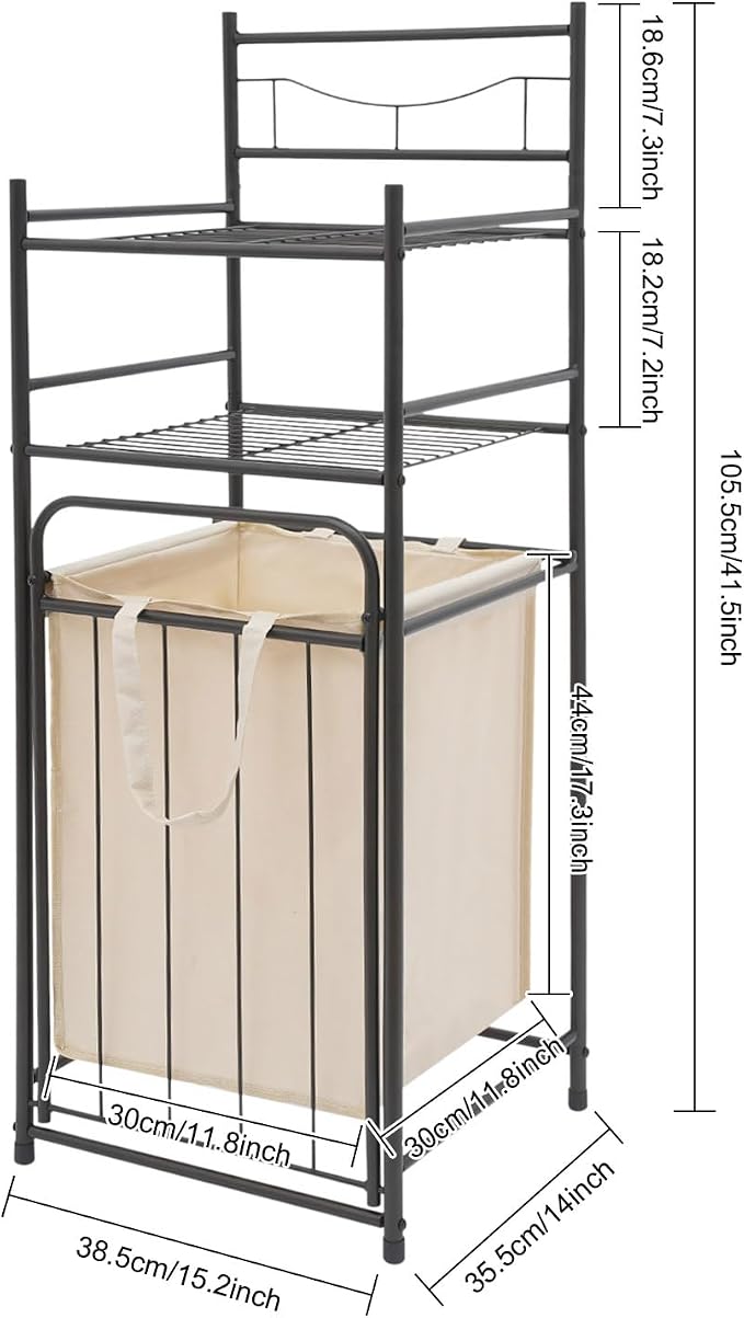 Laundry Hamper with Storage Shelf Vertical Laundry Basket with Pull-Out and Removable Bag Metal Hamper with 2 Storage Shelves for Bathroom Bedroom Dorm